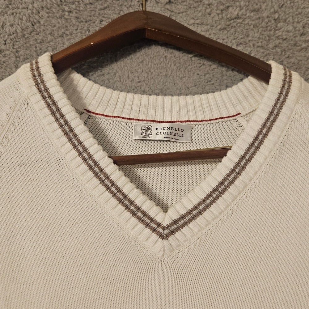 Brunello Cucinelli Sweater 52 US Large White Cotton V-Neck Luxury Classic Tennis